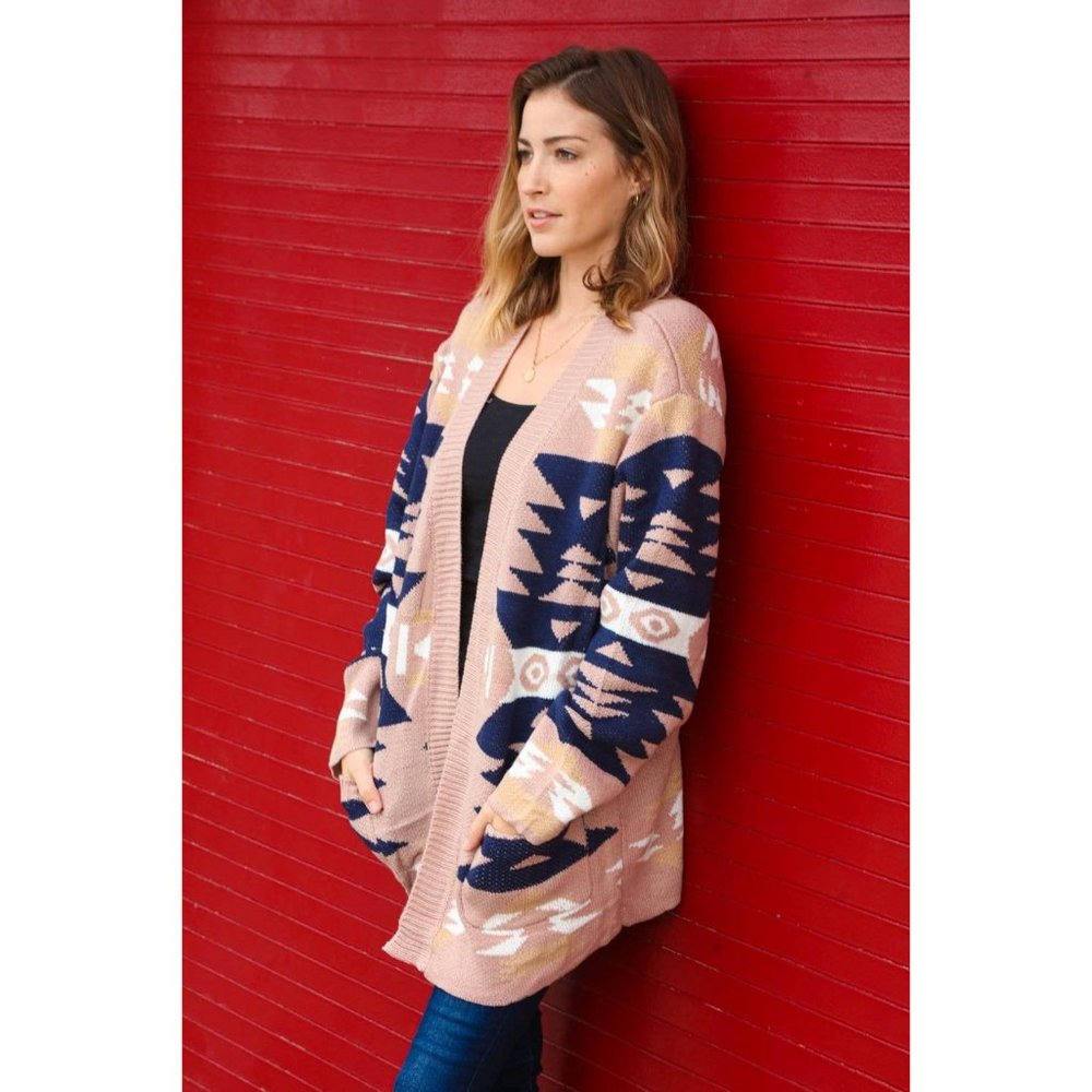 Aztec Tribal Print Open Cardigan with Pockets - Picture 4 of 7